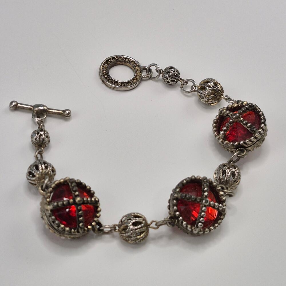 Vintage Medieval Victorian Style Bracelet Silver-tone and Red Stone Toggle Close - Picture 2 of 16